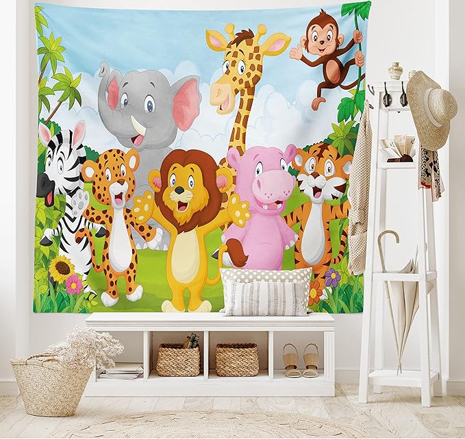 Ambesonne Cartoon Tapestry, Comic Savannah Animals Playful Friendly Savannah Jungle Happy Wildlife Nature, Fabric Wall Hanging Decor for Bedroom Living Room Dorm, 28" X 23", Green Brown