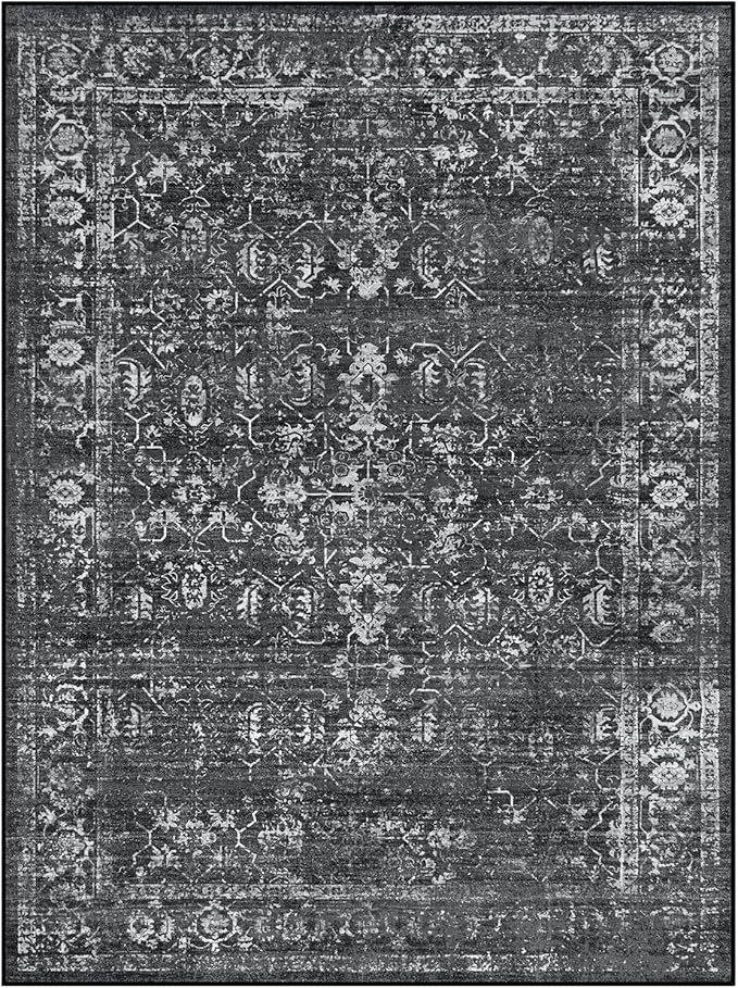 Lahome Area Rugs 9x12 Living Room Soft Large Rugs for Bedroom, Boho Black Dining Room Rug, Distressed Non Slip Low Pile Carpet for Indoor Home Office(9'x12', Black/Grey)