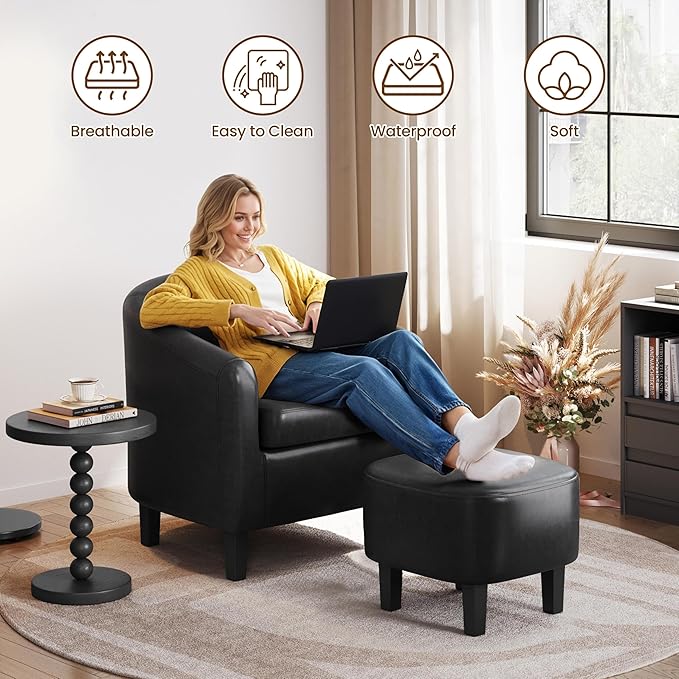 Yaheetech Accent Chair with Ottoman Foot Rest, PU Leather Mid Century Modern Upholstered Soft Barrel Chair Comfy Armchair and Footrest Set for Living Room/Bedroom/Reading Room, Set of 2, Black