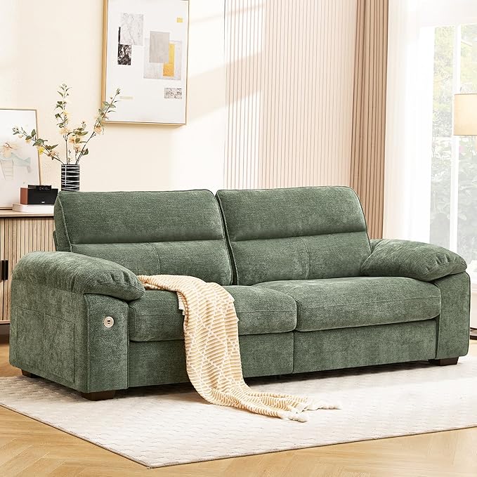 Ihanherry 92" Modern Sofa for Living Room, Deep Seat Chenille Couch with Fast Charging Port & Removable Washable Cushions, Pillow-Armrest Loveseat for Small Space/Apartment, Sturdy Frame, Green