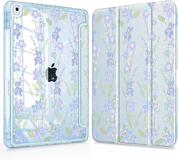 Mektron Sparkly Case for iPad 10.2 inch Glitter Tablet Cases for iPad 9th Gen 2021/8th Gen 2020/7th Gen 2019 Cover with Shiny Clear Back Shell Foldable Bling Smart Cover Blue Floral