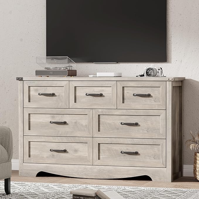 Dresser for Bedroom with 7 Drawers, 48" Wide Modern Chest of Drawers with Deep Drawers & Mental Handle, Wood Dresser TV Stand, Wooden Closet Storage Organizer for Living Room, Hallway, Entryway, Grey