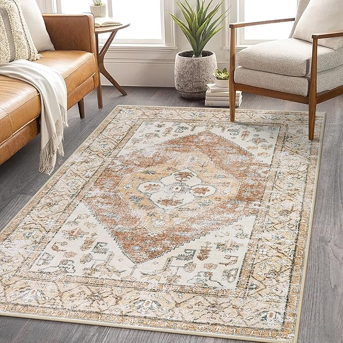 Lahome Boho Washable Living Room Area Rug 3x5 Throw Non-Slip Rugs for Bedroom Aesthetic Lightweight Thin Entry Rug Kitchen Rugs Oriental Distressed Print Capet for Office Bathroom Laundry Room
