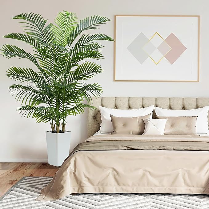 Artificial Palm Tree：6FT Tropical Fake Silk Plant UV Resistant Faux Areca Palm with White Planter & Black Pebbles for Home Office Living Room Decor Indoor Patio Porch Balcony (6FT,1-Pack,White)