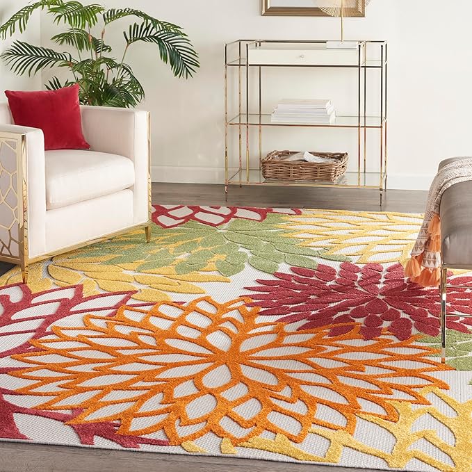 Nourison Aloha Indoor/Outdoor Red Multi Colored 7' x 10' Area Rug, Tropical, Botanical, Easy Cleaning, Non Shedding, Bed Room, Living Room, Dining Room, Deck, Backyard, Patio (7x10)