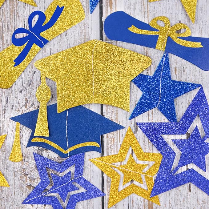 8-Pack 2026 Graduation Party Decorations - Blue Gold Glitter Backdrop with Cap, Diploma & Star Garland Banner Hanging Decor - Perfect for High School, College, and Middle School Graduation Parties