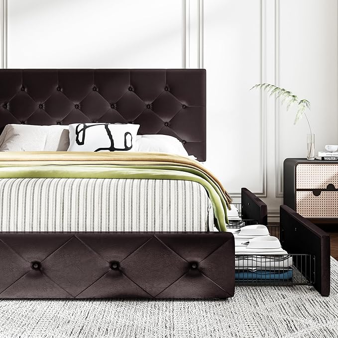 MUTICOR Queen Size Bed Frame with 4 Storage Drawers, Upholstered Platform Bed with Button Tufted Adjustable Headboard, No Box Spring Needed, Easy Assembly, Diamond Tufted, Brown Leather