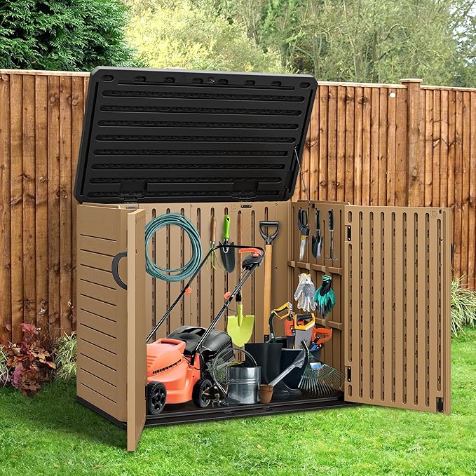 YITAHOME Outdoor Resin Storage Sheds with X-Shaped Lockable Door, 39 in Height Lockable Waterproof Horizontal Shed w/o Shelf, Easy to Assemble Shed Storage for Garden Tools, Brown
