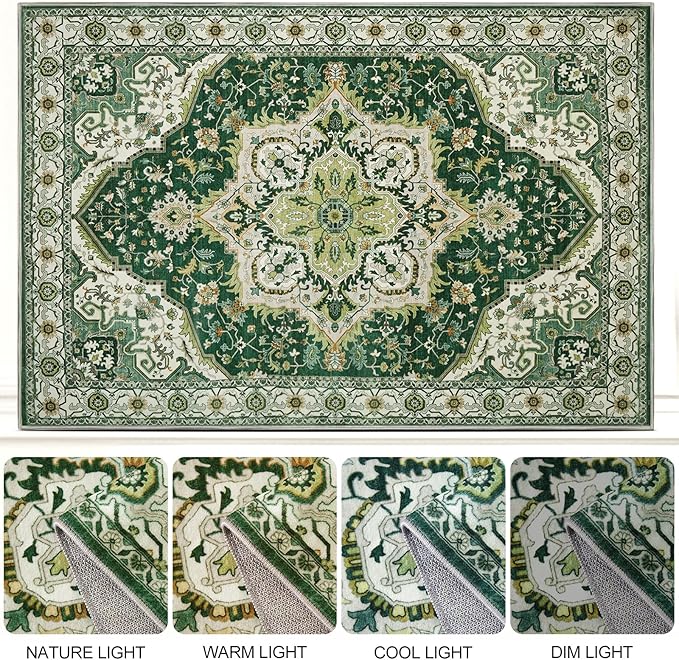 Area Rugs for Living Room 9x12 - Large Machine Washable Vintage Oriental Soft Rug, Low Pile Thin Carpet with Non Slip Backing for Bedroom, Dorm, Under Dining Room Table, Indoor House, Office Decor