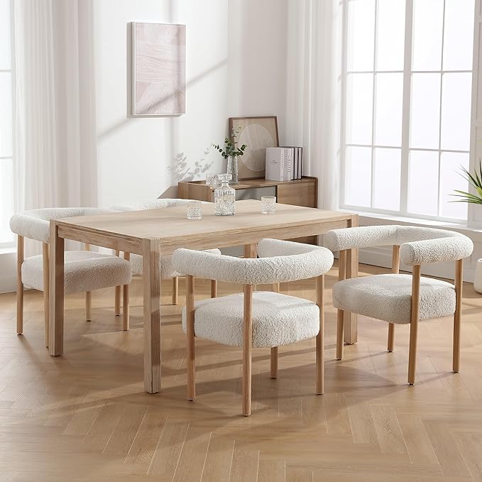 White Boucle Dining Chairs Set of 2, Modern Upholstered Dining Chairs, Curved Backrest Kitchen Dining Room Chairs Accent Chairs Arm Chairs with Natural Wood Legs