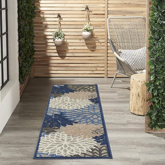 Nourison Aloha Indoor/Outdoor Blue/Multicolor 2'3" x 10' Area Rug, Tropical, Botanical, Easy Cleaning, Non Shedding, Bed Room, Living Room, Dining Room, Deck, Backyard, Patio (2x10)