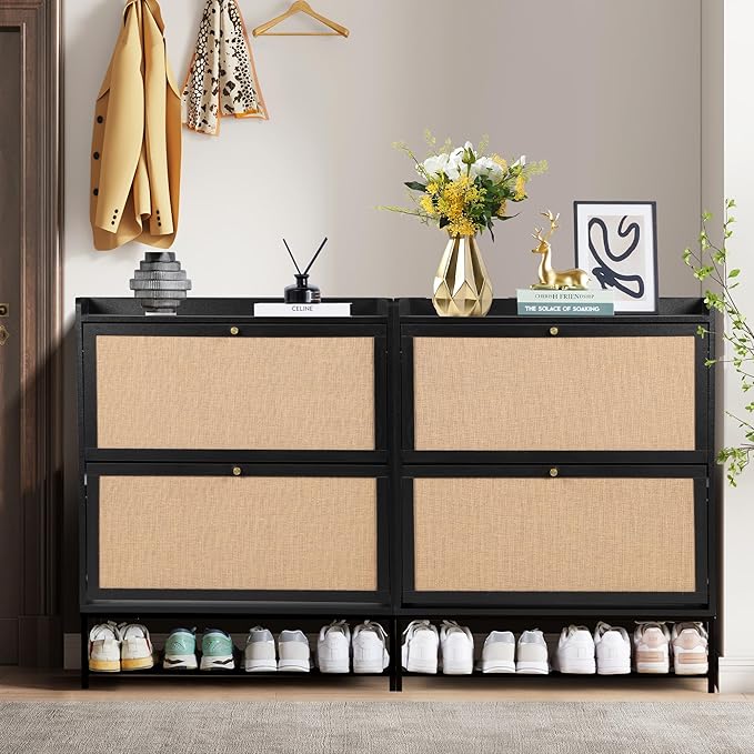 LEVNARY Shoe Storage Cabinet with 2 Flip Drawers, Wooden Narrow Shoe Cabinet Storage for Entryway, Freestanding Shoe Rack Organizer Cabinet with Metal Legs for Hallway (1, Black)