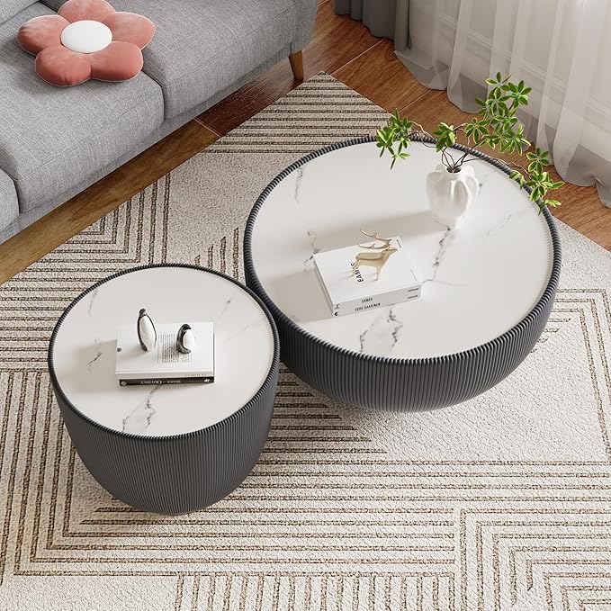 Round Coffee Table Set with Sintered Stone Tabletop, 27.56" Grey Drum Center Table and 19.69" Black Coffee Table Set, 2 Pieces Living Room Table Set with Fluted PU Leather Cover& Metal Base