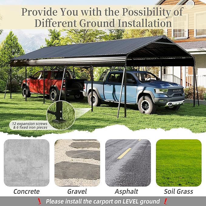 13 x 26.5 FT Carport, 0.25mm Thick, with Protective Film to Prevent Scratching, 2 Pairs of Adhesive Gloves, 3 Hooks, 12 Expansion Screws, 6 Fixed Iron Pieces