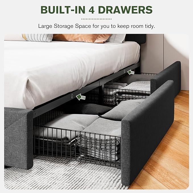 MUTICOR Queen Size Bed Frame with 4 Storage Drawers, Upholstered Platform Bed with Button Tufted Adjustable Headboard, No Box Spring Needed, Easy Assembly, Diamond Tufted, Dark Grey Fabric