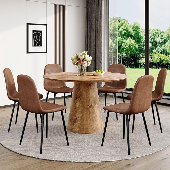 Round Dining Table Set for 6,45'' Farmhouse Dining Room Table Set for 6 with Suede Chairs,1" Thick Wood Pattern Tabletop with Conical Base,7 Pieces Kitchen Table Set for Dining Room,Apartment