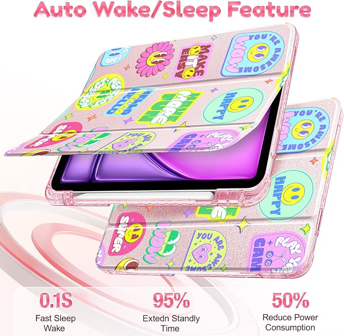 for iPad Air 11 inch M4/M3/M2 (2026/2025/2024) iPad Air 5th/4th Gen (2022/2020) 10.9 inch with Pencil Holder Glitter Clear Pretevtive Cover Auto Wake/Sleep Black Cartoon Stickers