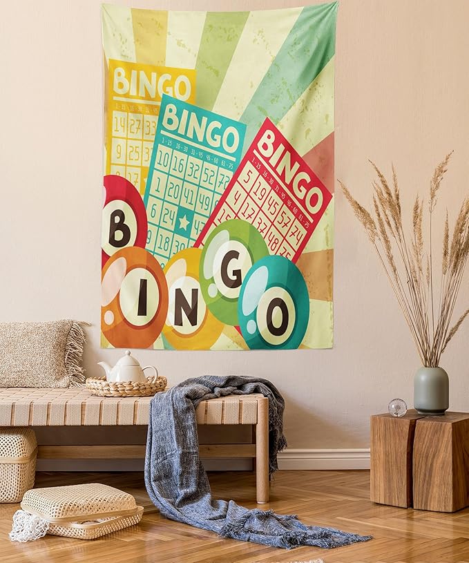 Ambesonne Vintage Tapestry, Bingo Game with Ball and Cards Pop Art Lottery Hobby Celebration Theme, Wall Hanging for Bedroom Living Room Dorm Decor, 40" X 60", Teal Multicolor