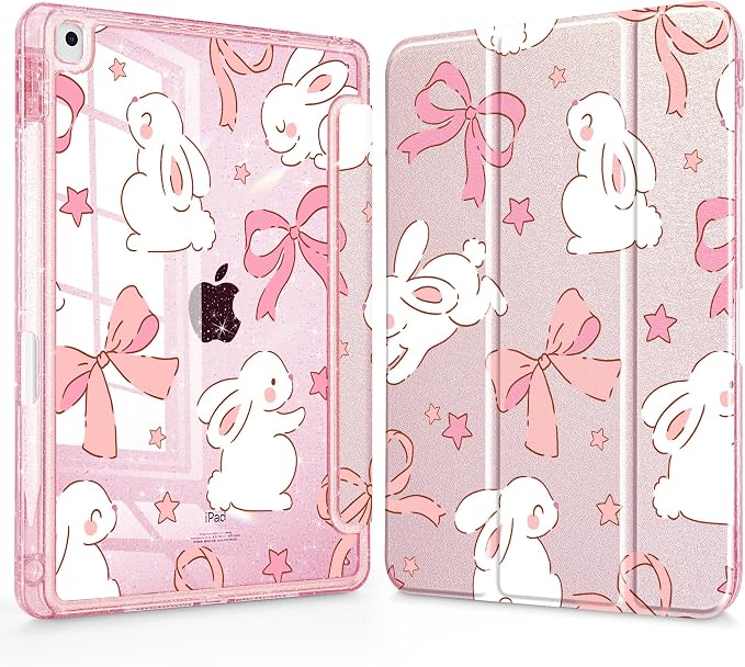 Case for iPad 9th/ 8th/ 7th Generation 10.2-Inch Case(2021/2020/2019 Release) Glitter Tablet Cases with Transparent Acrylic Back+Trifold Stand+Pencil Holder+Auto Wake/Sleep Bows-Stripe