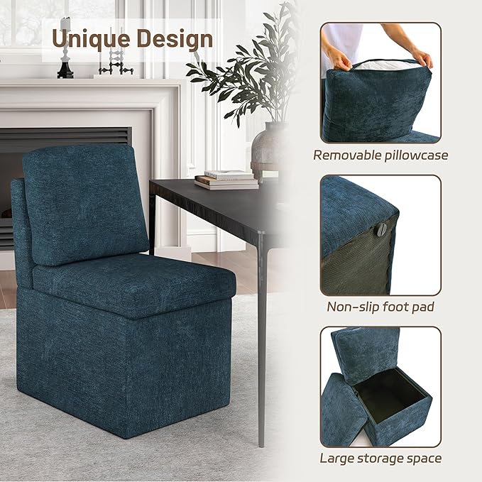 VKNOW Upholstered Dining Chairs Set of 4, Modern Kitchen Chairs with Storage, Linen Armchair Dinner Chair for Kitchen Dining Room Office Bedroom, Navy Blue