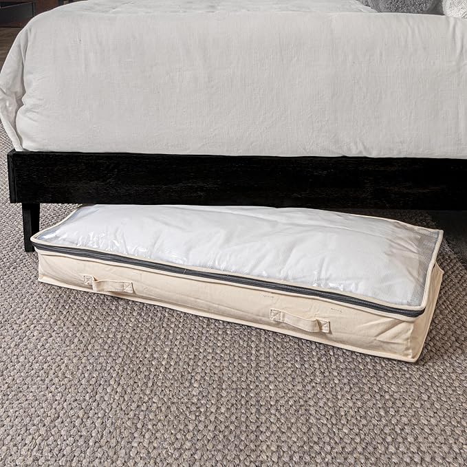 Household Essentials Cedarline Under Bed Storage Bag, Heavy-Duty Cotton Canvas, Textured PEVA Top with Durable 3-Sided Zipper, Front Handles, Foldable, Space-Saving, Natural