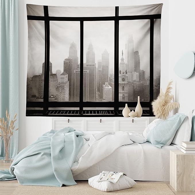Ambesonne City Tapestry, Philadelphia City Rooftop View Through Window Skyline Landmark Rooftop Travel, Fabric Wall Hanging Decor for Bedroom Living Room Dorm, 45" X 30", Grey Black