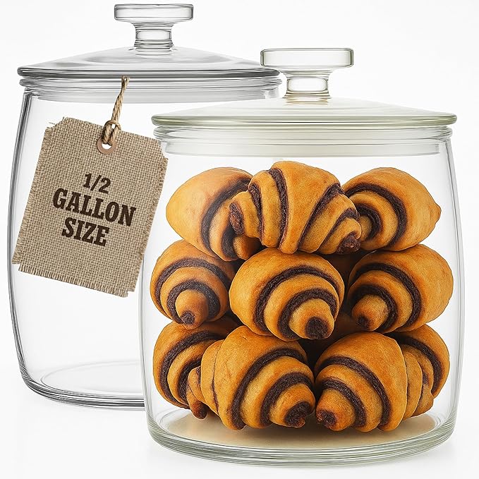 Half Gallon Glass Cookie Jars with Airtight Lids - Big Food Storage Containers for Kitchen Pantry - Dog Treats, Flour, Sugar, Biscotti, & Candy - 64oz Canisters Pack of 2