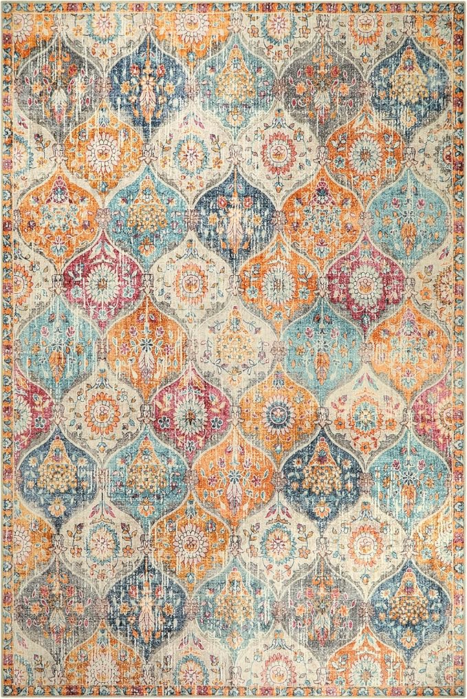 Lahome Moroccan 6x9 Rugs for Living Room, Soft Washable 6x9 Area Rug for Bedroom, Ultra-Thin Oriental Trellis Distressed Non Shedding Throw Large Carpet for Dining Room Office, Cream/Multi