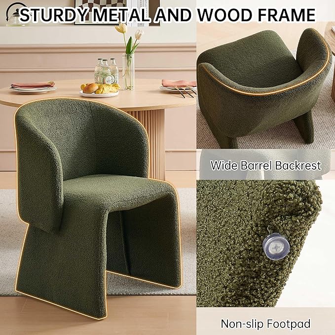 Upholstered Dining Chair Green Set of 4,Stylish Accent Barrel Side Chairs Cozy Single Sofa Chair Teddy Velvet Comfortable Armchair for Bedroom Reading Room Waiting Room Kitchen Dining Room