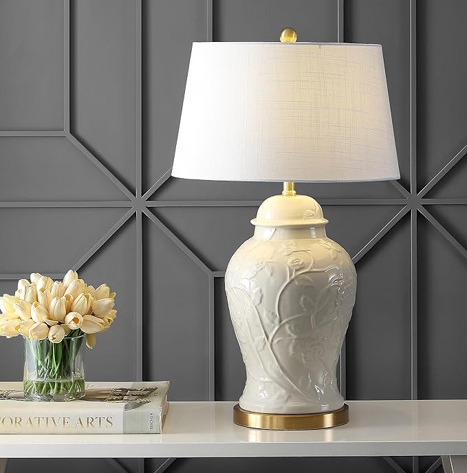 JONATHAN Y 29.5" Cream Ceramic Chinoiserie Table Lamp, Traditional Ginger Jar Lamp for Living Room Bedroom, White Linen Empire Shade, Brass Gold Base, LED Bulb Included JYL6604A
