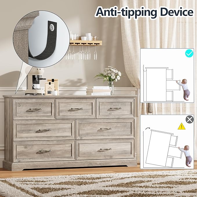 7 Drawer Dresser for Bedroom, 57" Wide Wooden Chest of Drawers, Rustic Farmhouse Dresser with Large Drawers & Metal Handles, Modern Storage Organizer for Closet, Living Room, Hallway, Grey