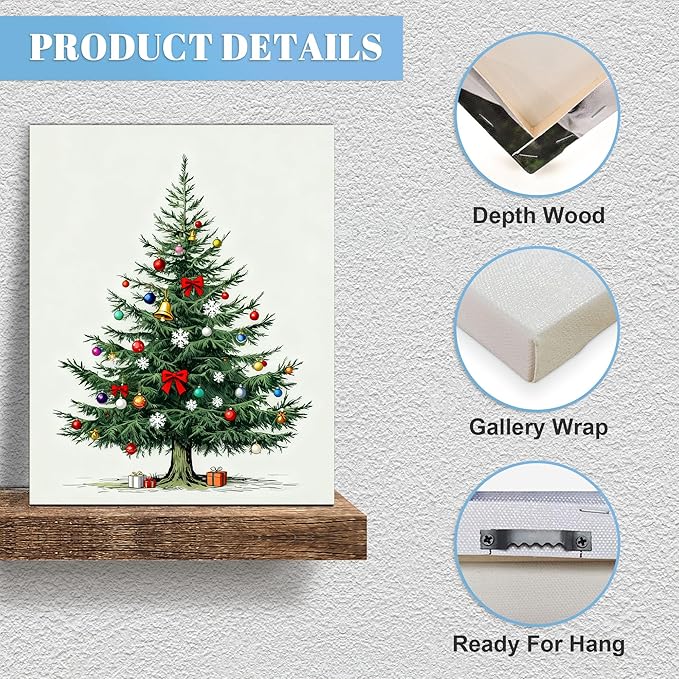 Framed Christmas Pictures Wall Decor,Vintage Pine Tree Prints,Winter Christmas Canvas Wall Art Decoration for Bedroom Bathroom Living Room Rustic Xmas Holiday Gifts (Christmas Tree 8, 12'' X 16'')