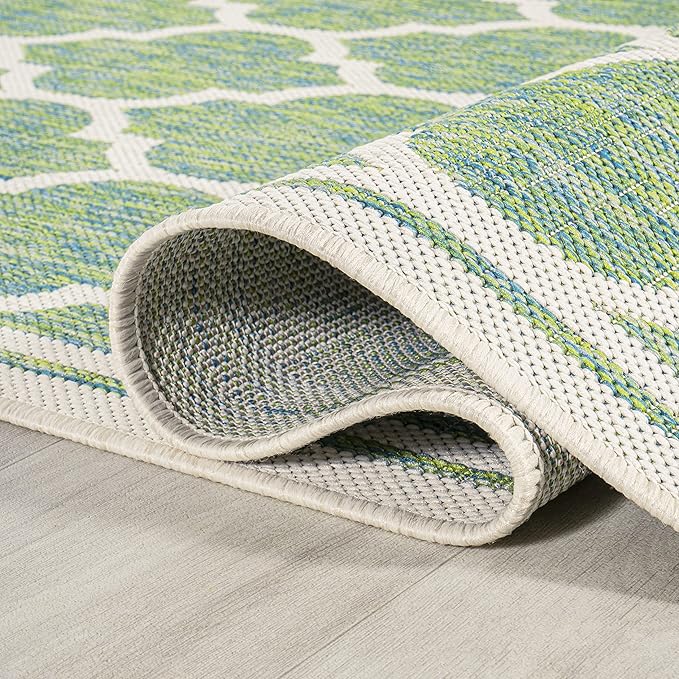 Eyely BMS109I-210 Santa Monica Trebol Moroccan Trellis Textured Weave Indoor/Outdoor Runner Rug Coastal;Bohemian, Bedroom, Backyard, Patio, Easy-Cleaning, Non-Shedding, 2 X 10, Cream/Green