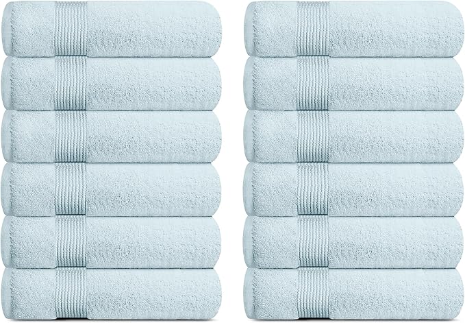 White Classic Resort Collection Soft Washcloth Face & Body Towel Set | 12x12 Luxury Hotel Plush & Absorbent Cotton Wash Clothes [12 Pack, Light Blue]
