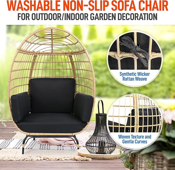 SereneLife Black Wicker Rattan Egg Chair for Indoor and Outdoor Use - Comfy Sofa Chair with 4 Washable Cushions, Durable Powder-Coated Steel Frame, Stylish Ribbed Back, Supports up to 440lbs