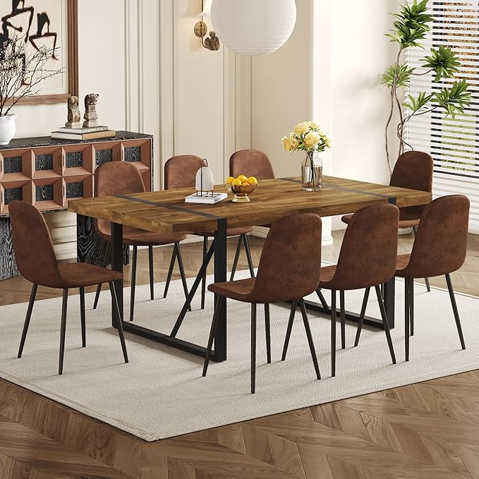Rustic 9 Piece Dining Room Table Set for 8 People, Mid Century Modern 71 Inch Rectangle Wood Kitchen Dining Table with 8 Fabric Chairs Set, Suitable for Kitchen Dining Room Apartment