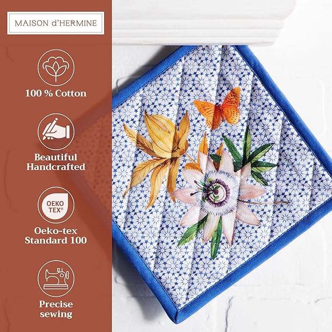 Maison d' Hermine Pot Holders 100% Cotton Heat Resistant Potholders 8" x 8" Hot Pads with Loop BBQ, Cooking, Baking, Grilling, Kitchen, Handling Hot Pans Spring/Summer (Pack of 1, Passiflora)