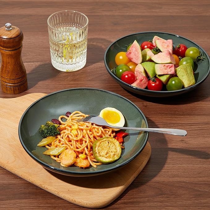 Pasta Bowls Set of 4, Reactive Glaze Salad Bowl 30 oz, Microwave & Dishwasher Safe, Large Wide Serving Bowls for Fruit/Soup/Noodle/Dessert, Blackish Green