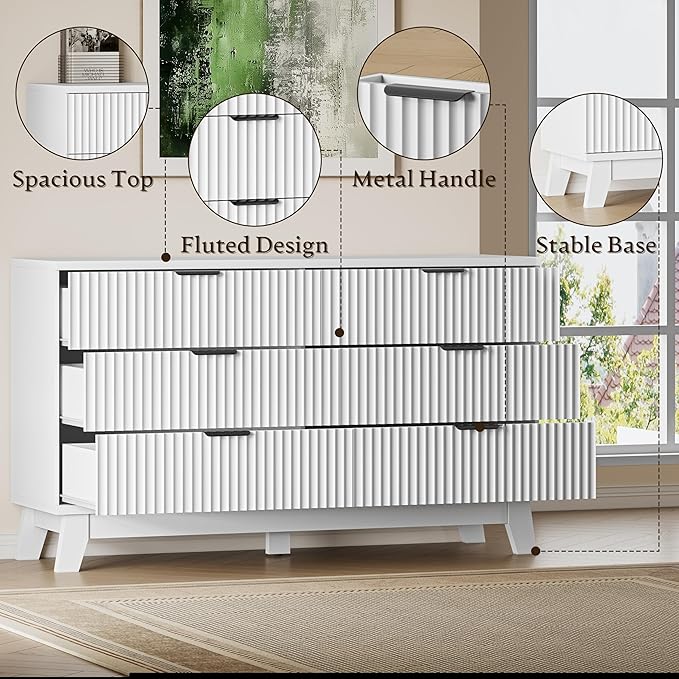 53" Long Dresser for Bedroom, 6-Drawer Dresser with Fluted Fronts, Wide Wood Chest of Drawers, Smooth Metal Slides, Stable Base, Modern Clothes Storage Cabinet for Living Room, Hallway