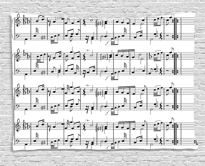 Ambesonne Music Tapestry, Musical Notes on the Clef Illustration Ornamental Pattern Art Print, Wide Wall Hanging for Bedroom Living Room Dorm, 60" X 40", Black White