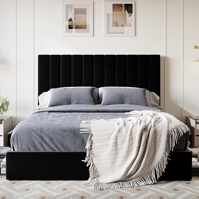 SHA CERLIN Full Size Platform Bed Frame with 4 Storage Drawers, Vertical Channel Tufted Adjustable Headboard, Velvet Upholstered, Wooden Slats Support, No Box Spring Needed, Easy Assembly, Black