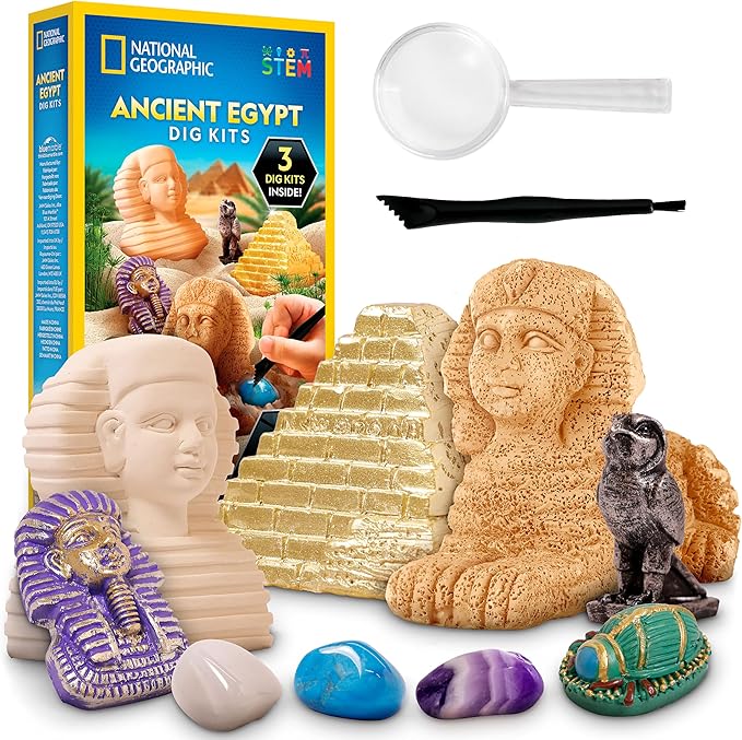 National Geographic Ancient Egypt Dig Kit – Includes Pyramid, Sphinx & Pharaoh-Shaped Dig Bricks with Real Gemstones & Replica Artifacts, Archeology Kit and Gems for Kids, Gift for Girls and Boys