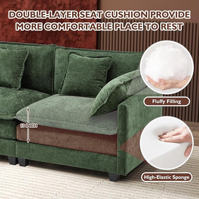 Ihanherry 111.4 Inch 3-Seater Cloud Sofa, Modular Sectional Couch, Modern Deep Seat Sofa for Living Room, Comfy Double Layer Upholstered Seat Cushion, Breathable Chenille Fabric, Green