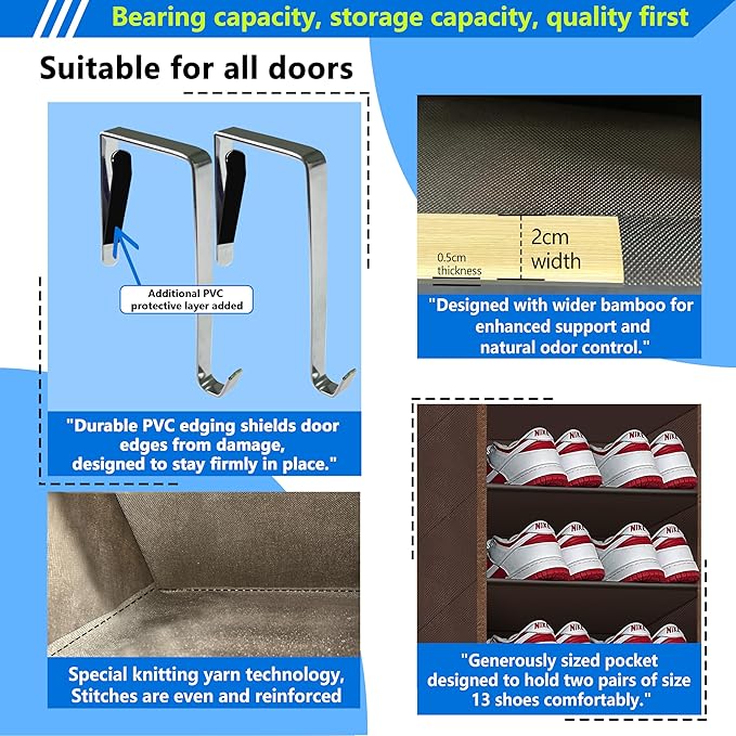 Over The Door Shoe Organizer, 70 Pounds Large Capacity, 20-30-Pair shoe organizer, Heavy Duty-Extra Deep Pockets ,Anti-Scratch Hooks & FSC-Certified Bamboo ,Engineered for Men’s Size 13 shoe,coffee