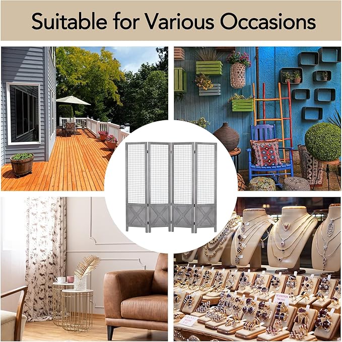 Wnutrees 4 Panel Gridwall Display, Portable Freestanding Display Board for Craft/Art Shows, Retail, Events, Decorative Wood Room Divider Folding Screens, Grey