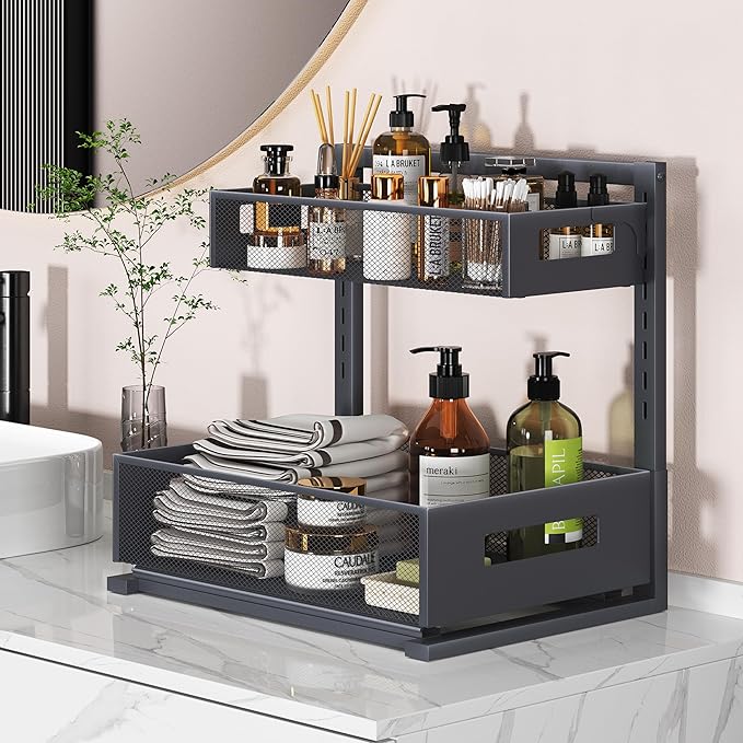Under Sink Organizer Pull Out Cabinet Organizer Adjustable Height 2 Tier with Sliding Drawers Kitchen Bathroom Organizer and Storage(Gray-1pc)