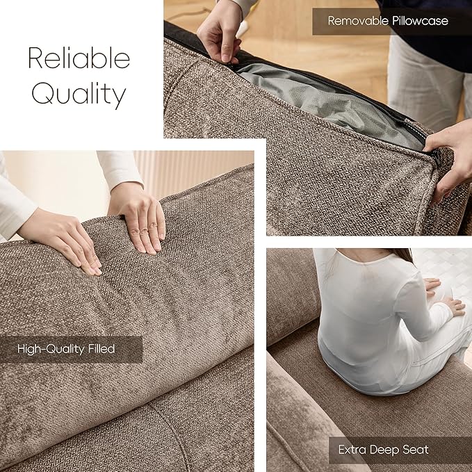Ihanherry 72" Modern Sofa for Living Room, Deep Seat Chenille Loveseat with Fast Charging Port & Removable Washable Cushions, Pillow-Armrest Couch for Small Space/Apartment, Sturdy Frame, Brown