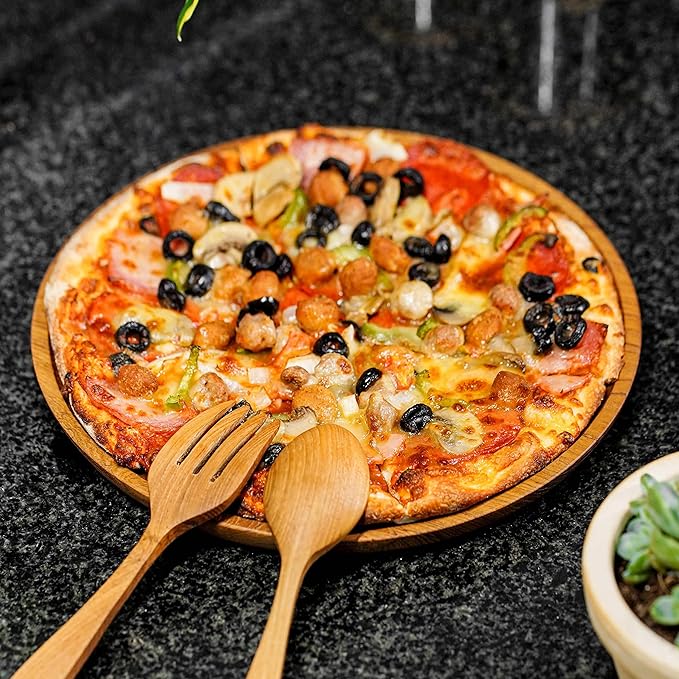 Rainforest Bowls Set of 2 12" Round Javanese Teak Wood Dinner Plates- Perfect for Everyday Use- Hot & Cold Friendly, Ultra-Durable, Premium Wooden Plates- Handcrafted by Indonesian Artisans