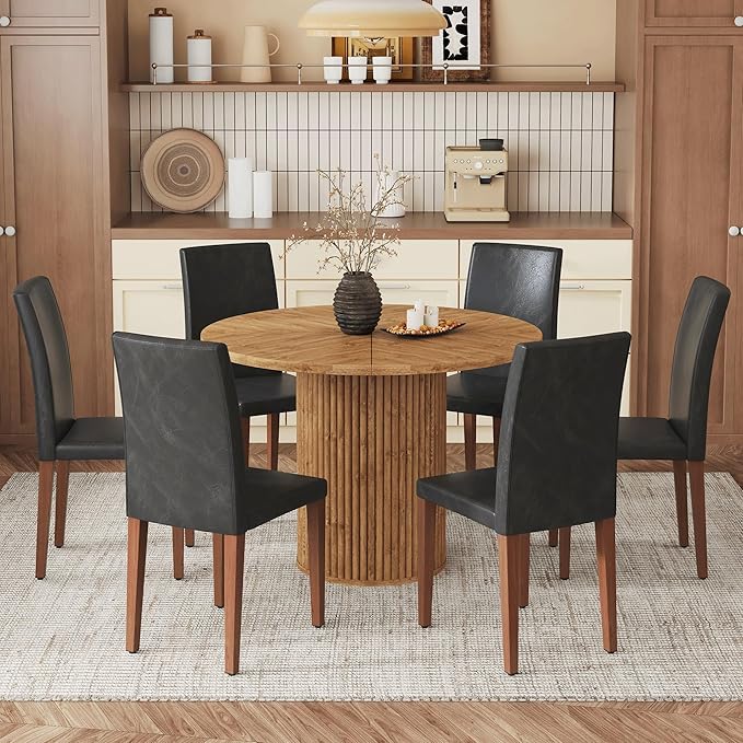 AZmac Round Dining Table Set for 6, Wooden Round Table 7-Piece with Modern Farmhouse Dining Table and 6 PU Leather Chairs for Kitchen Dining Room, Wooden Table + 6 Black High Back Chairs