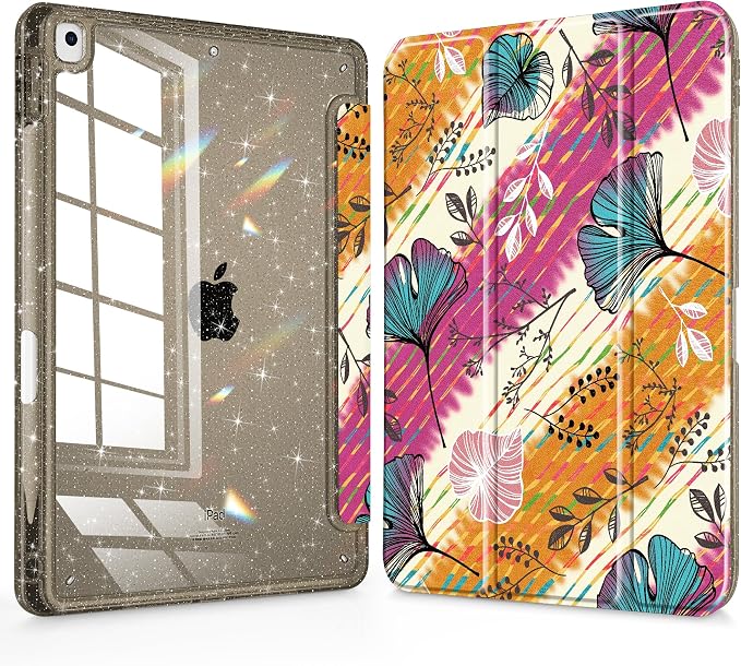 Mektron Sparkly Case for iPad 10.2 inch Glitter Tablet Cases for iPad 9th Gen 2021/8th Gen 2020/7th Gen 2019 Cover with Shiny Clear Back Shell Foldable Bling Smart Cover Blue Floral
